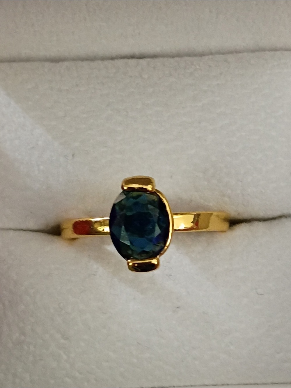 Gold Tone Ring with Oval Blue-Green Stone